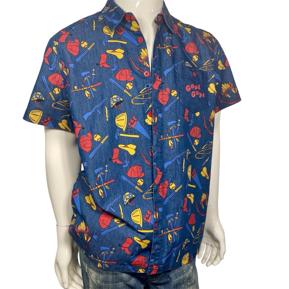 CHUCKY Good Guys ,Universal City Studios Blue & Red/Yellow Print Button Down LG